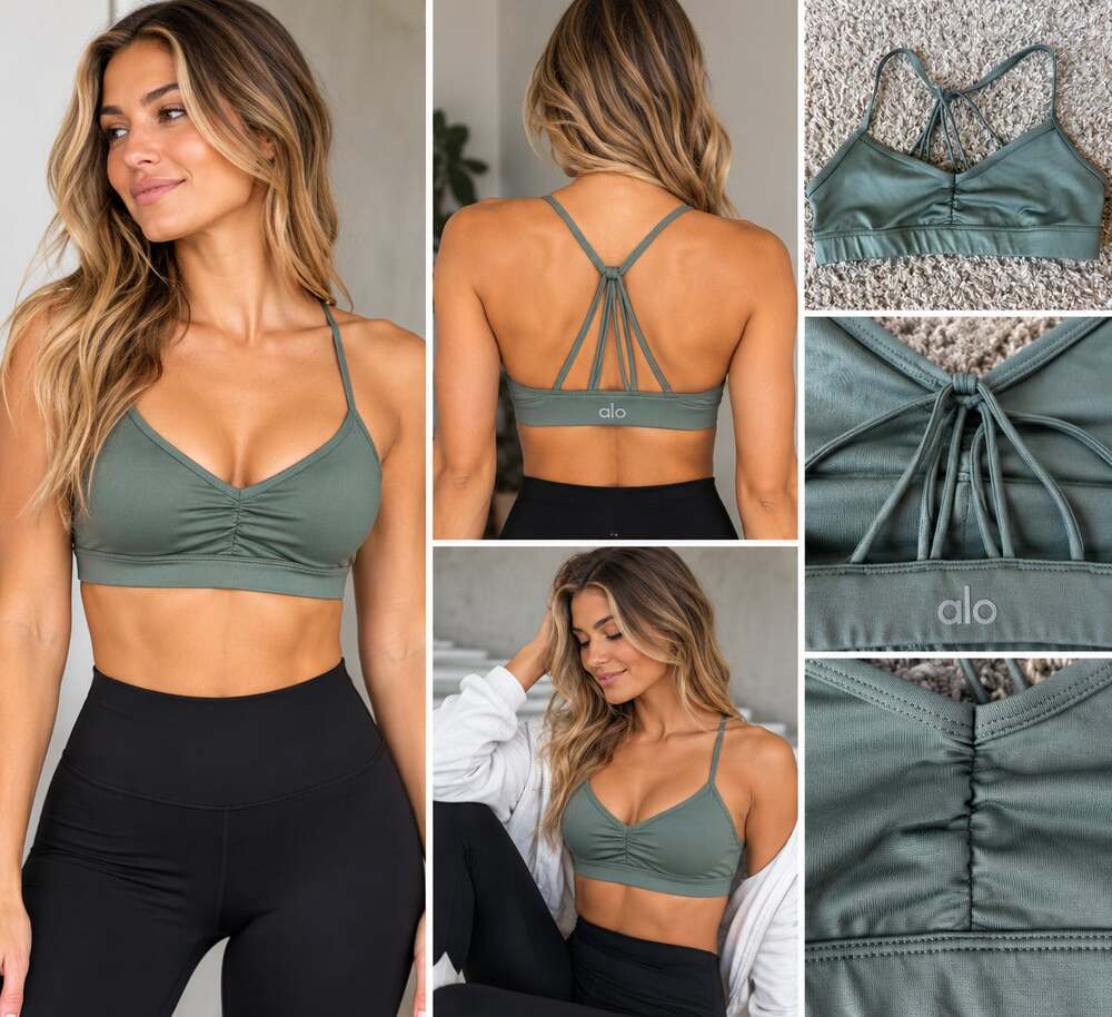 ALO Yoga Sage Green Ruched Strappy Sports Bra XS/S